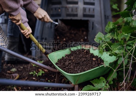 Removing compost from a composter in garden. Concept of composting and sustainable organic gardening. Royalty-Free Stock Photo #2399269717