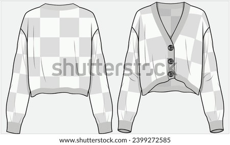 WOMEN'S CROP BUTTON THROUGH V-NECK CARDIGAN DESIGNED FOR WOMEN AND GIRLS FRONT AND BACK FLAT SKETCH IN EDITABLE VECTOR ILLUSTRATION Royalty-Free Stock Photo #2399272585