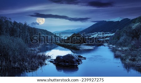 collage mountain river with stones and grass in the forest near the mountain slope at night in full moon light