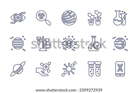 Science line icon set. Editable stroke. Vector illustration. Containing bionic eye, flasks, neptune, planet, blackhole, smartphone, solar system, test tube, lab, test tubes, toxicity, refund.