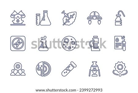 Science line icon set. Editable stroke. Vector illustration. Containing science, flask, geology, chemical reaction, genetic modification, dna, full moon, robot, test tube, experiment, sun, flying car.