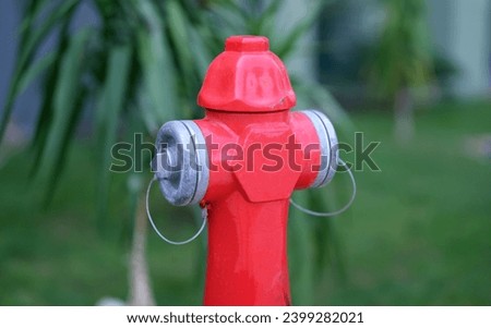 Red fire hydrant standing in park closeup. Fire safety concept Royalty-Free Stock Photo #2399282021
