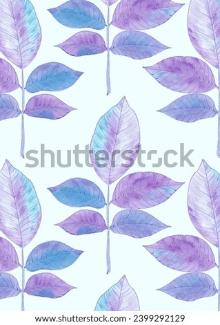 Hand drawn watercolor purple and blue walnut leaves post card isolated on white background. Can be used for card, label, book cover and other printed products