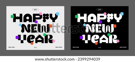 2024 Happy New Year typography. Trendy geometric element. Cool background. Playful abstract shape sticker. Brutalism aesthetic modern font type. Retro style design. Colorful flat vector illustration. Royalty-Free Stock Photo #2399294039