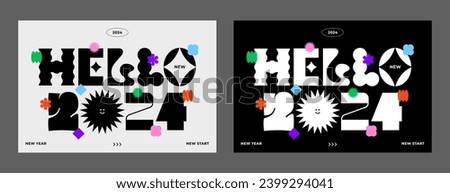 2024 Happy New Year typography. Trendy geometric element. Cool background. Playful abstract shape sticker. Brutalism aesthetic modern font type. Retro style design. Colorful flat vector illustration. Royalty-Free Stock Photo #2399294041