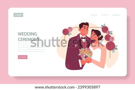 Wedding Ceremony concept. A radiant bride and groom stand close, enveloped by floral decorations, as she clutches a vibrant bouquet. Moments of love. Nuptial bliss. Flat vector illustration. Royalty-Free Stock Photo #2399305897