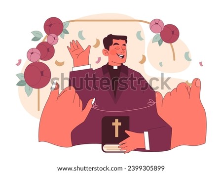 Vows concept. A priest joyfully recites wedding vows, holding a holy book, as hands reach out in celebration amidst floral decor. Moments of unity. Flat vector illustration. Royalty-Free Stock Photo #2399305899
