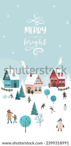 Cute hand drawn Winter landscape with happy people playing, shopping, walking, Vector horizontal banner winter wonderland 