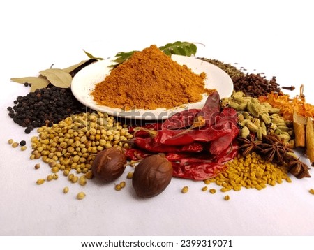 Garam masala powder, Indian traditional curry masala powder with ingredients Royalty-Free Stock Photo #2399319071