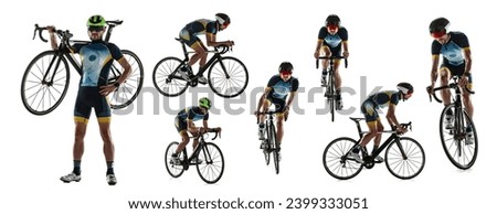 Man in sportswear riding a bicycle isolated over white background. Marathon, triathlon athlete. Collage. Concept of sport, competition, tournament, championship, speed, endurance, energy Royalty-Free Stock Photo #2399333051