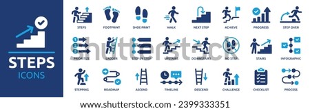 Steps icon set. Containing stairs, footprint, progress, step by step, roadmap, process, walk and more. Solid vector icons collection. Royalty-Free Stock Photo #2399333351
