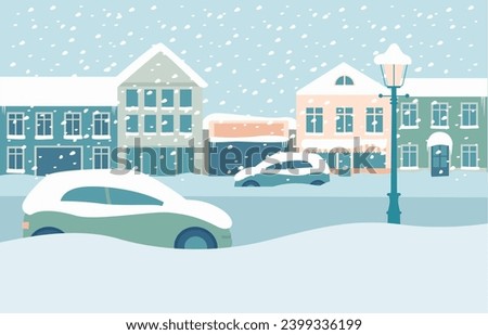 City buildings covered with snow after heavy blizzard. Parked cars on the street in snowdrifts during snowfall. Flat vector illustration. Royalty-Free Stock Photo #2399336199