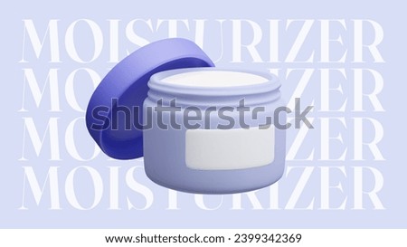 3D moisturizer cream jar web background template design. Cartoon style blue cosmetic product packaging on blue moisturizer background. 3D facial mask open bottle advertising showcase mockup vector. Royalty-Free Stock Photo #2399342369