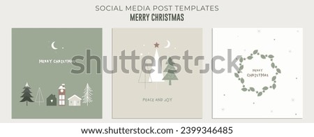 Merry Christmas Minimal Post Design. Christmas Social Media Post Collection Template with Trees, and Wreath. Cute Christmas Post. vector illustration.