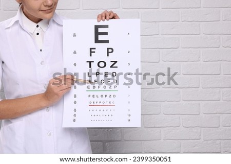 Ophthalmologist pointing at vision test chart near white brick wall, closeup. Space for text