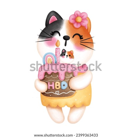 Watercolor cute calico cat with birthday cake illustration. Birthday party decoration.Cute kitten clipart.Festive animal decorations.