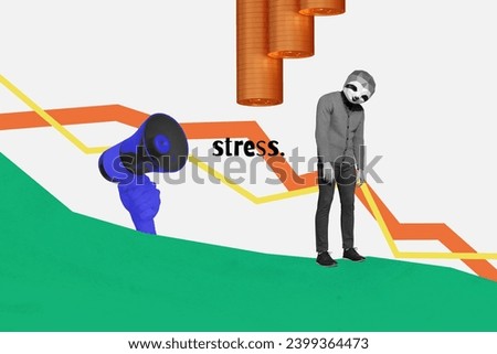Collage picture of black white colors sloth head stressed guy hand hold loudspeaker money coins graphic down isolated on creative background
