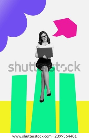 Vertical creative poster collage retro business lady thoughful browsing laptop sitting infographics columns progress success profit earnings Royalty-Free Stock Photo #2399364481