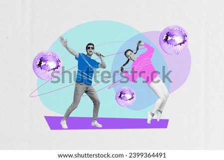 Nostalgia concept party collage invitation to old school style discotheque singing couple karaoke isolated on white color background