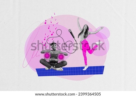 Creative poster collage of funny couple dating dancing hip hop listen music celebrate discotheque weird freak bizarre unusual fantasy