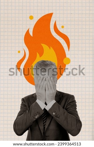 Collage picture artwork of tired burnout man hiding face crying isolated on painted background