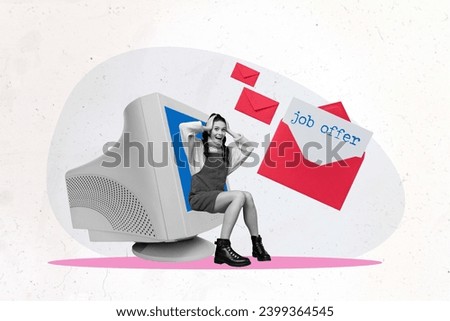 Collage portrait of astonished mini black white effect girl sit big screen receive job offer letter envelope isolated on creative background