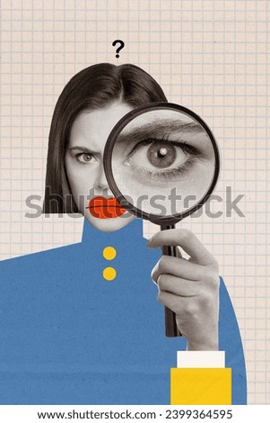 Collage image sketch of confused woman looking magnifier isolated on painted background