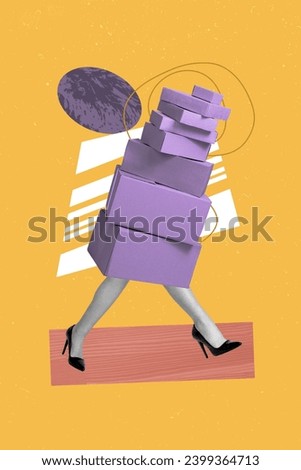 Photo collage artwork minimal picture of boxes pile walking lady legs isolated yellow color graphical background