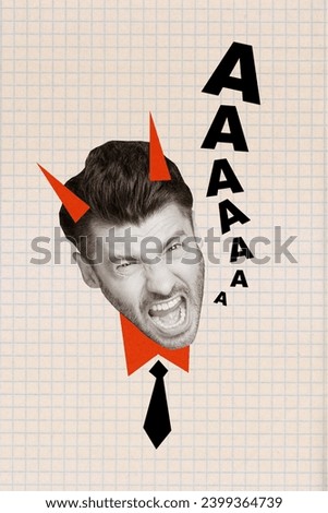 Picture collage sketch of crazy furious outraged man loud shouting aaa isolated on painted background