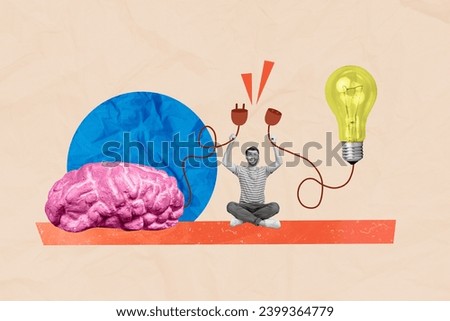 Collage 3d image pinup pop retro sketch of funny young man connect wires plug electric bulb brain freak bizarre unusual fantasy billboard