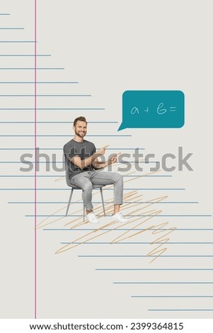 Collage image picture of cheerful handsome man sitting chair showing math formula isolated on drawing background
