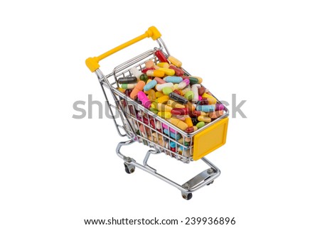 tablets with shopping cart. photo icon for the purchase of drugs on the internet