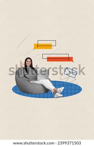 Creative vertical poster banner image sitting poof young woman successful business management texting show okay sign
