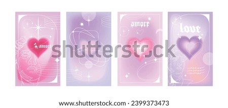 Y2k gradient heart Valentine’s Day poster set, blur love holiday minimal card kit, stars, shapes. Aura romance dreamy background templates, party girly web event invitation. Modern gradient heart Royalty-Free Stock Photo #2399373473