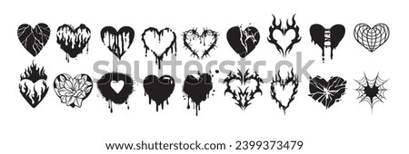 Heart tattoo gothic set, graffiti rock flame shape kit, vector u2k abstract love logo concept. Valentine punk retro sticker collection, neotribal web goth decoration. Dripping heart tattoo prints