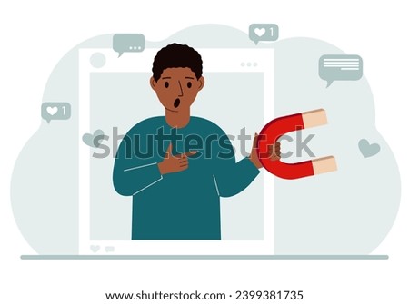 Social media influencer. A man holds a magnet in a social profile frame. Various icons.