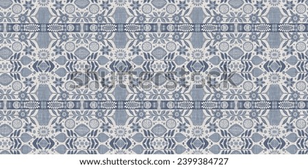 Farm house blue intricate damask seamless border. Tonal french country cottage style trim. Simple rustic fabric textile for shabby chic patchwork. 