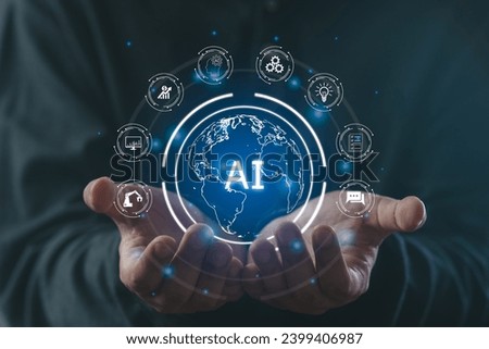 Businessman hand show virtual graphic Global Internet connect robot Chat with AI, Artificial Intelligence. Using social command prompt for generates data, Futuristic technology transformation.