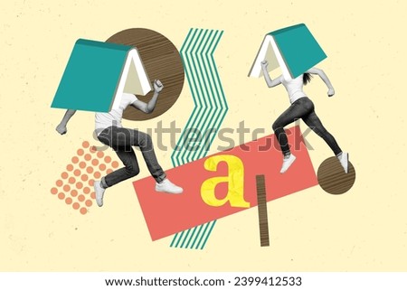 Photo artwork minimal template picture collage of anonymous students bookworms running to get knowledge isolated on gray background