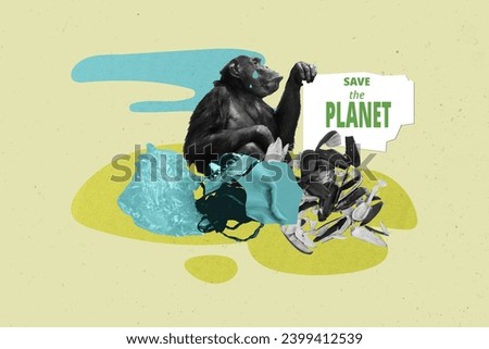 Collage creative picture ecological disaster in world funny crying monkey please stop using plastic isolated on green color background