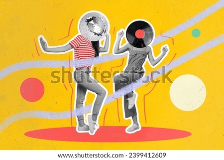 Composite illustration picture poster two dancing girls friends have fun headless discoball vinyl record face clubbing celebrate yellow background