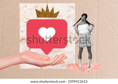 Creative collage poster picture banner full size black white dreamy girl touch hair huge hand hold heart icon notification crown