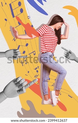 Photo sketch collage picture of puppet arms pointing fingers popular star girl singing songs isolated creative background