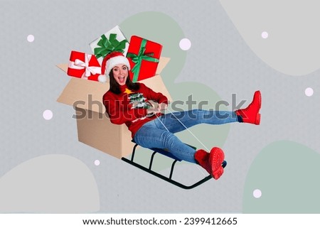 Creative abstract template collage of funny female sliding ride sledge box deliver gifts new year atmosphere christmas celebration x-mas