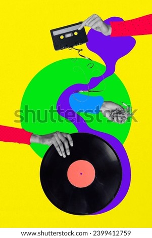 Photo cartoon comics sketch collage picture of arms holding obsolete music devices isolated creative background