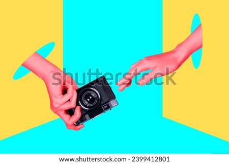 Collage artwork minimal picture of arms sharing vintage photo camera isolated turquoise teal color background