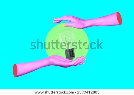 3d photo artwork graphics collage painting of arms tacking care retro light bulb isolated teal turquoise color background