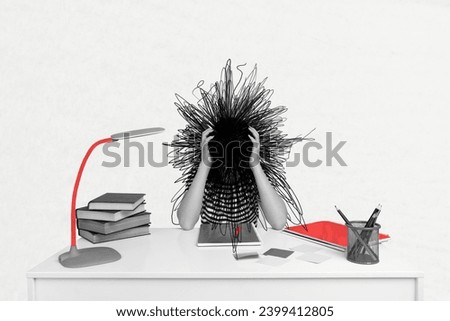 Creative abstract template collage of tired student chaos thoughts nervous overthinking surrealism metaphor psychedelic unusual fantasy Royalty-Free Stock Photo #2399412805