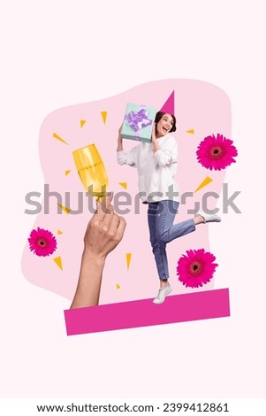 Composite collage picture image of young female hold receive gift celebrate happy birthday party champagne billboard comics zine minimal