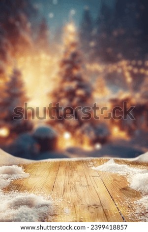 Wooden desk of free space for your decoration and winter landscape. Christmas time in mountains. Cold december time and mockup background for your products. New year time .